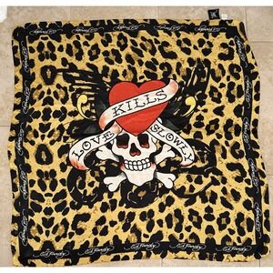 Ed Hardy Leopard Skull Scarf Love Kills Slowly Gold Black Bandana Wrap 42"
